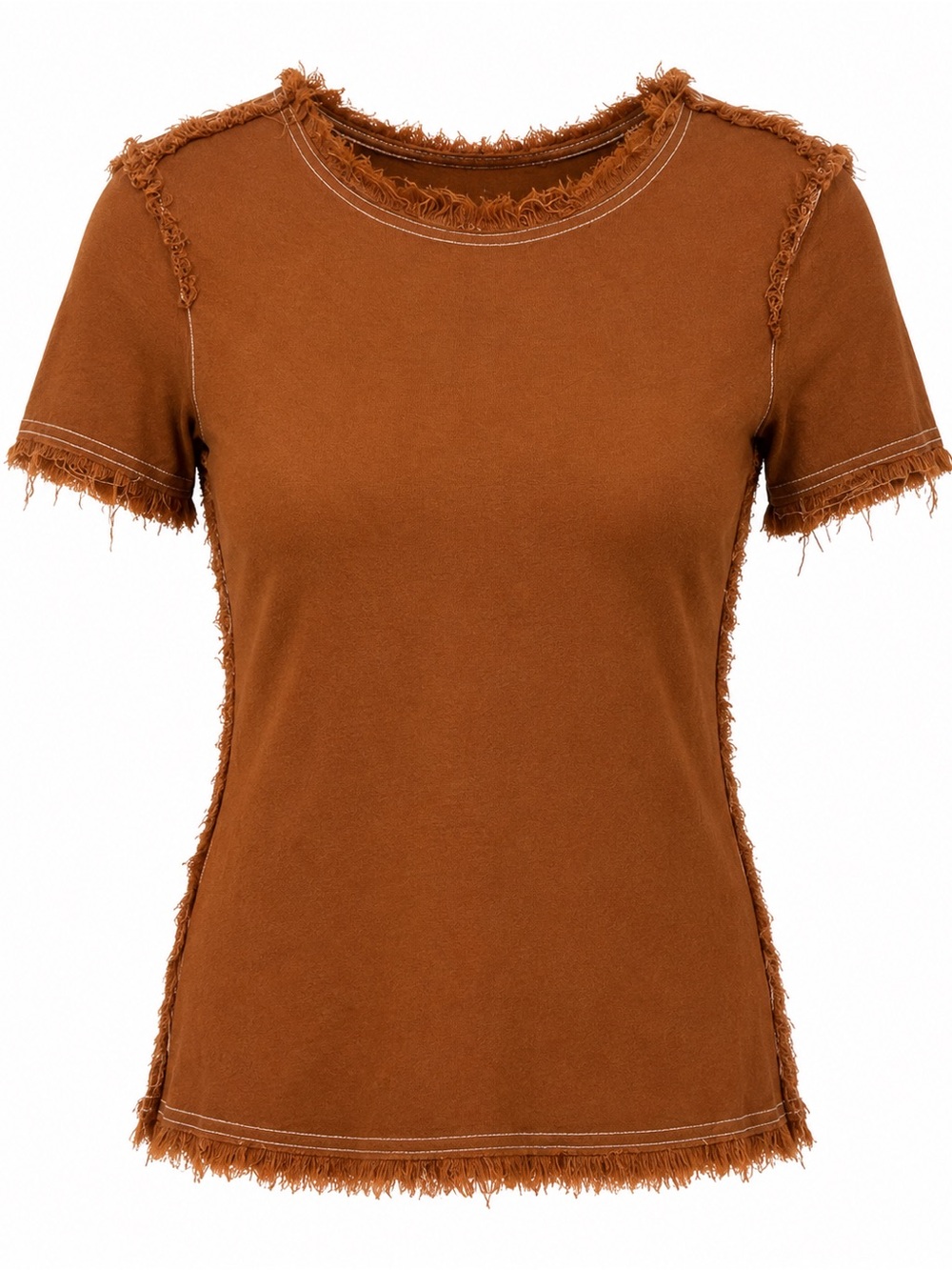RAQUEL ALLEGRA Brown Raw Edge Fringe Stretch Tee Distressed Top Size S